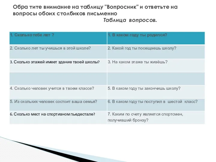 Обра тите внимание на таблицу "Вопросник" и ответьте на вопросы обоих столбиков письменно Таблица вопросов.