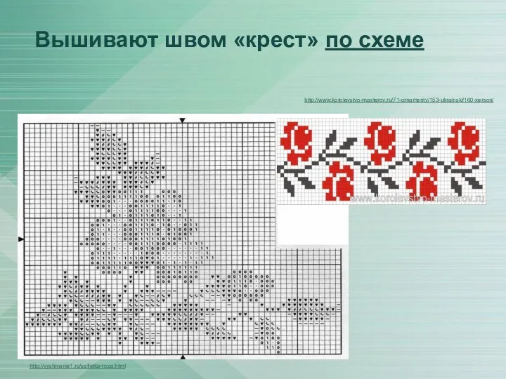 Вышивают швом «крест» по схеме http://vyshivanie1.ru/salfetka-roza.html http://www.korolevstvo-masterov.ru/71-ornamenty/153-ukrainski/160-xerson/