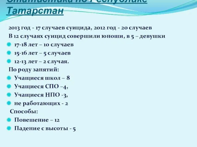 Статистика по Республике Татарстан 2013 год - 17 случаев суицида,