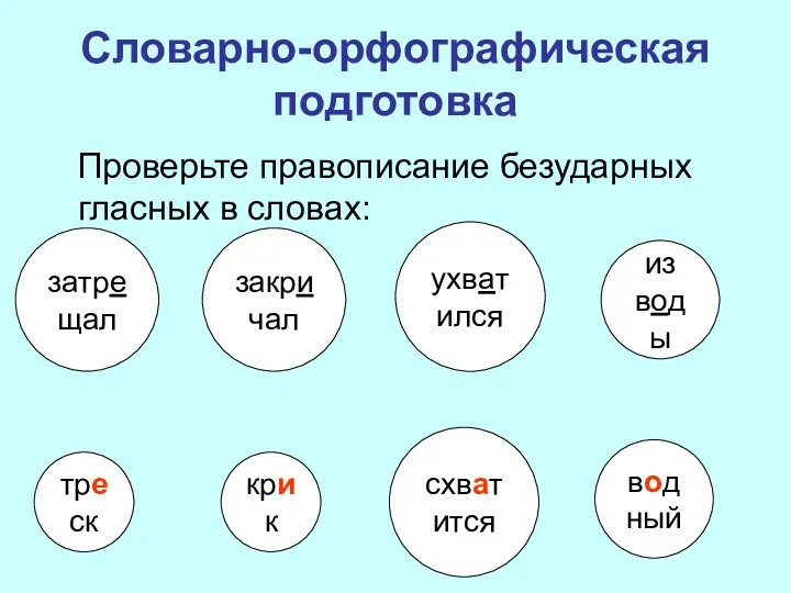 Словарно-орфографическая подготовка Проверьте правописание безударных гласных в словах: из воды