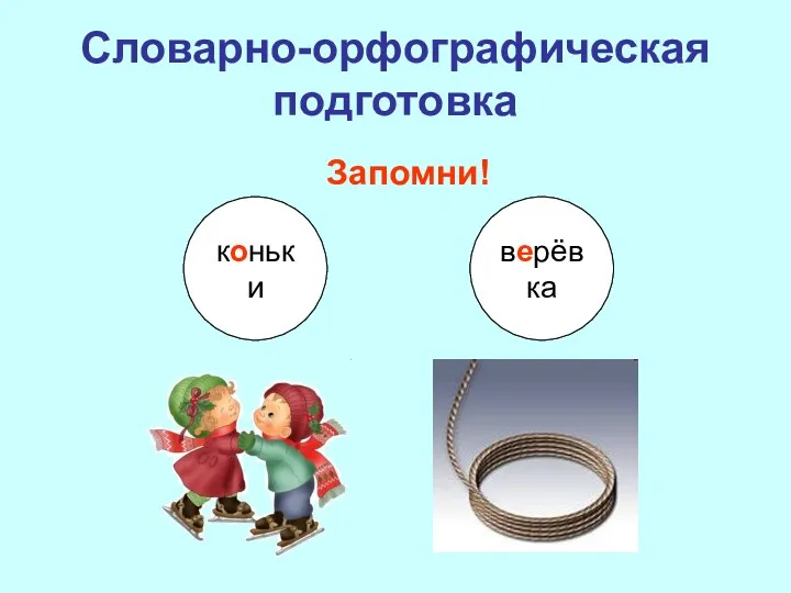 Словарно-орфографическая подготовка Запомни! коньки верёвка верёвка коньки