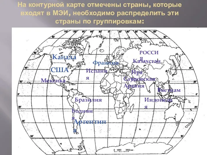 На контурной карте отмечены страны, которые входят в МЭИ, необходимо распределить эти страны