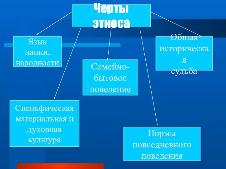 Черты этноса Язык нации, народности Специфическая материальная и духовная культура