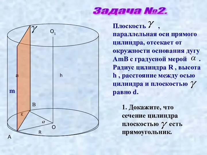 Задача №2. m Плоскость , параллельная оси прямого цилиндра, отсекает