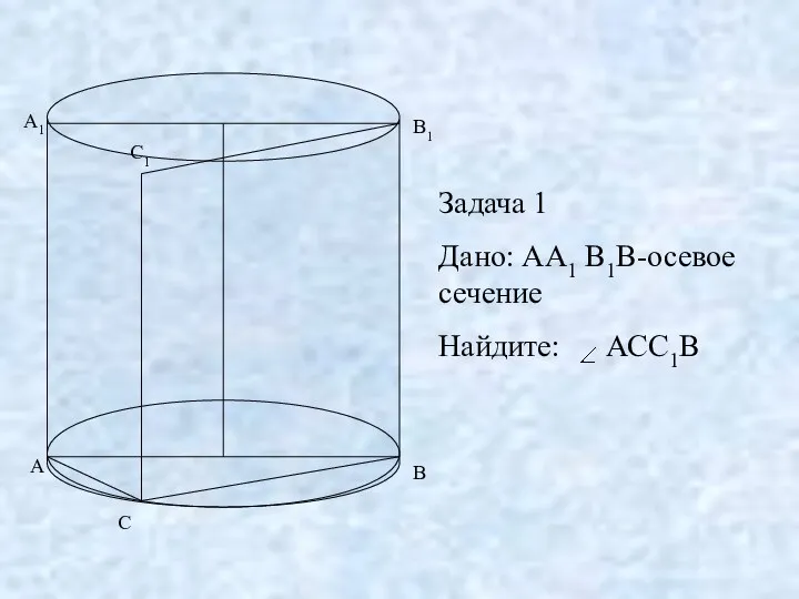 Задача 1 Дано: АА1 В1В-осевое сечение Найдите: АСС1В А А1 В В1 С С1