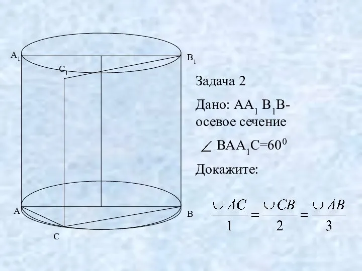 Задача 2 Дано: АА1 В1В-осевое сечение ВАА1С=600 Докажите: А А1 В В1 С С1
