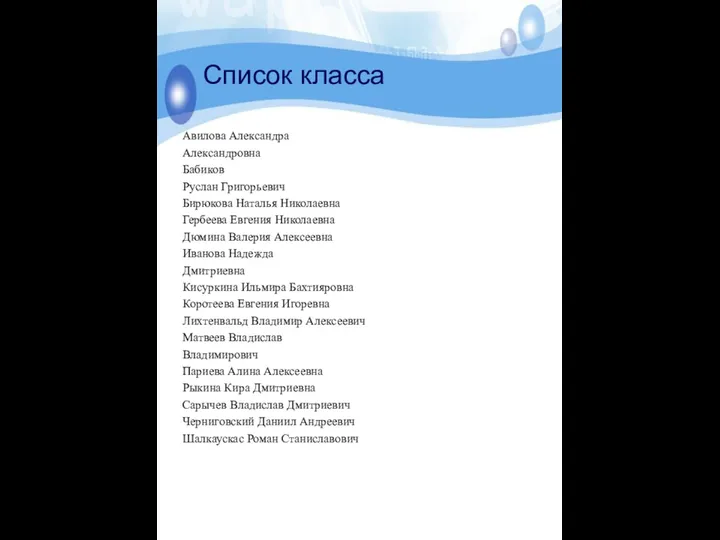 Список класса Авилова Александра Александровна Бабиков Руслан Григорьевич Бирюкова Наталья