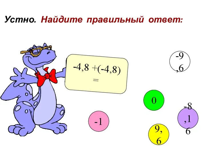 Устно. Найдите правильный ответ: -4,8 +(-4,8) = -1 0 9,6 -9,6 -8,16