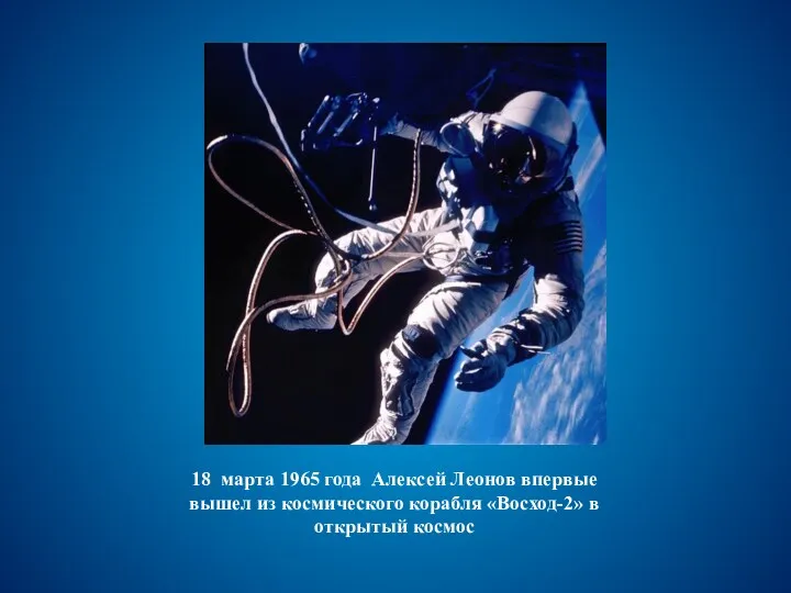 18 марта 1965 года Алексей Леонов впервые вышел из космического корабля «Восход-2» в открытый космос