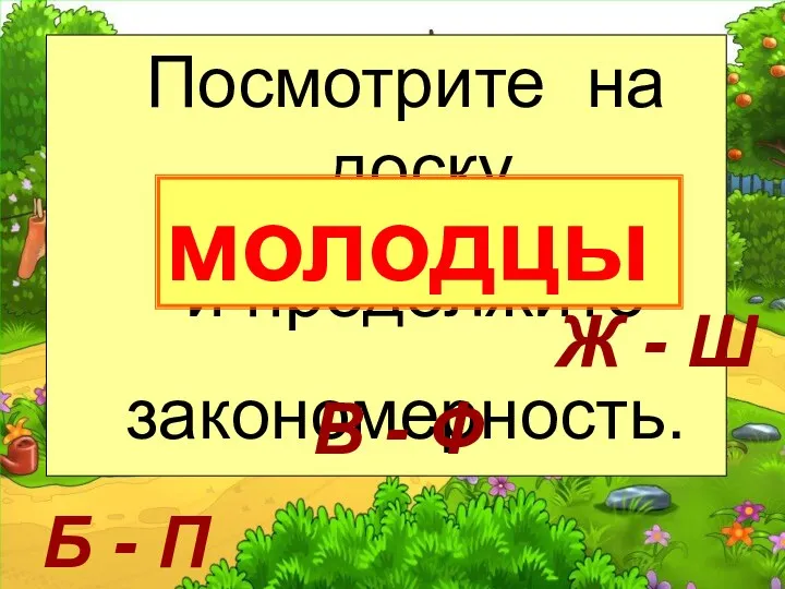 деревня Чистописания Посмотрите на доску и продолжите закономерность. молодцы Б