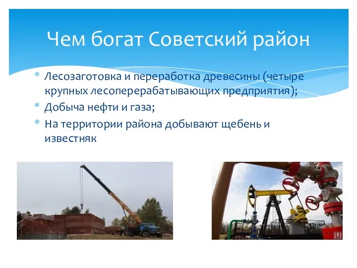Лесозаготовка и переработка древесины (четыре крупных лесоперерабатывающих предприятия); Добыча нефти и газа; На
