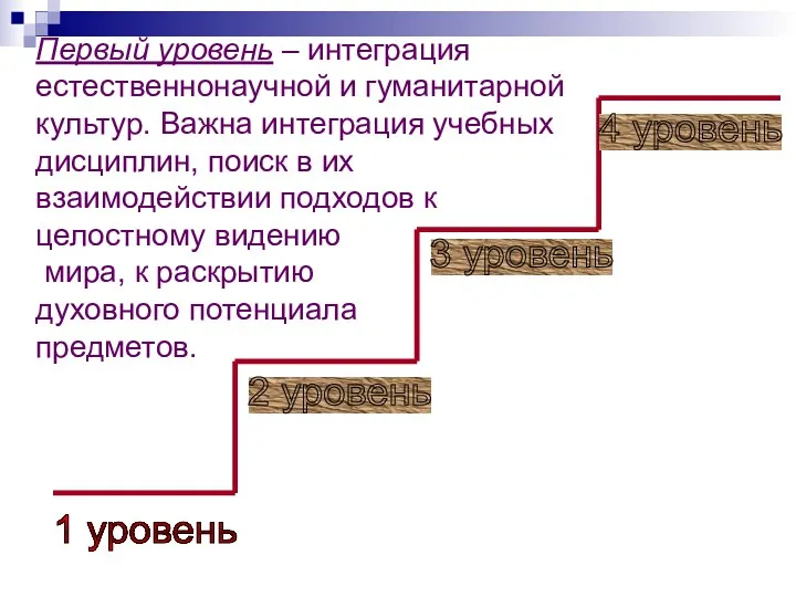 Первый уровень – интеграция естественнонаучной и гуманитарной культур. Важна интеграция