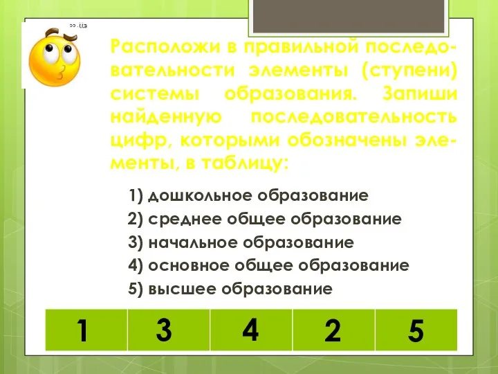 1) дошкольное образование 2) среднее общее образование 3) начальное образование