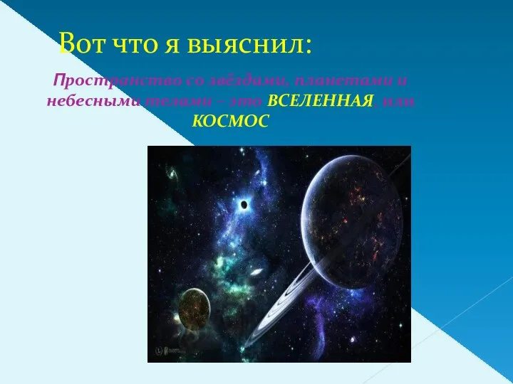 Вот что я выяснил: Пространство со звёздами, планетами и небесными телами – это ВСЕЛЕННАЯ, или КОСМОС