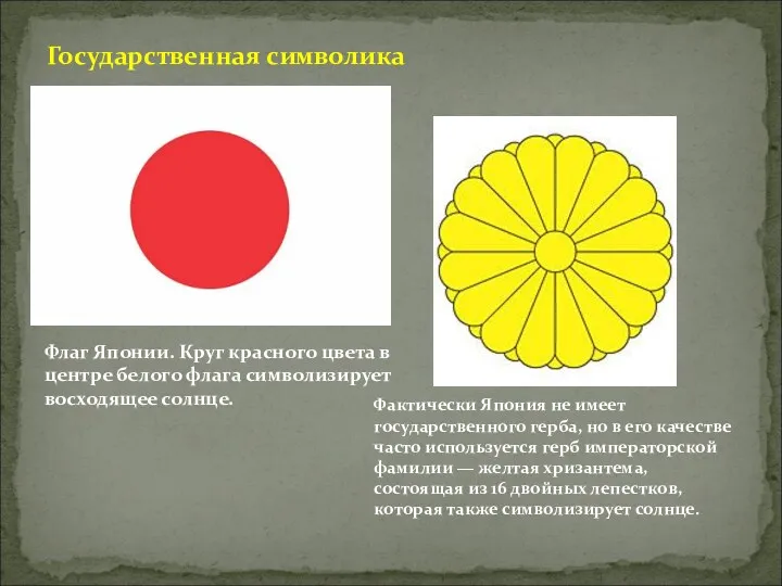 Государственная символика Флаг Японии. Круг красного цвета в центре белого