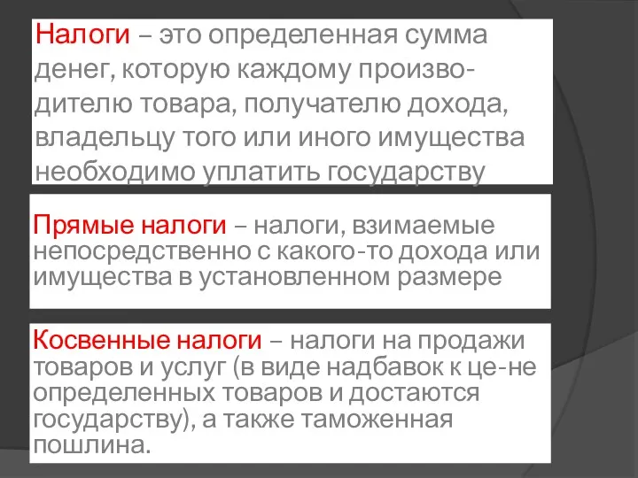 Налоги – это определенная сумма денег, которую каждому произво-дителю товара,