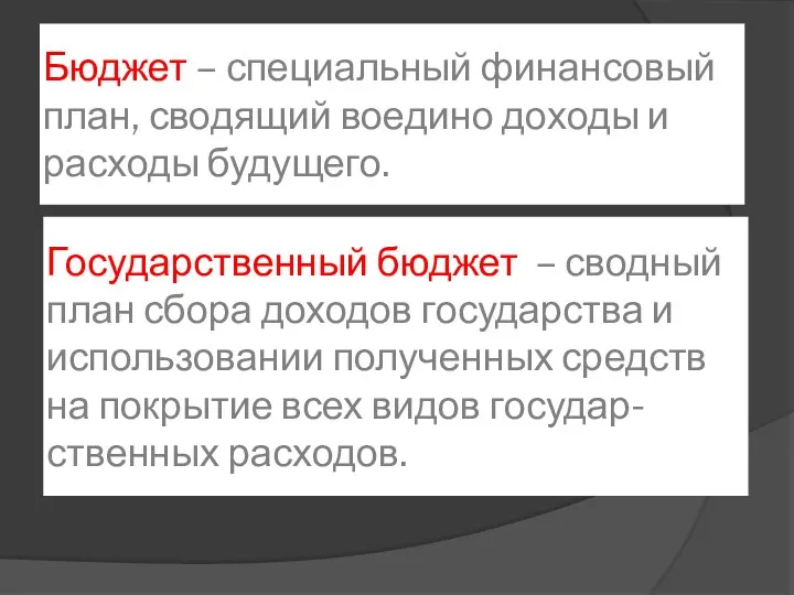 Бюджет – специальный финансовый план, сводящий воедино доходы и расходы