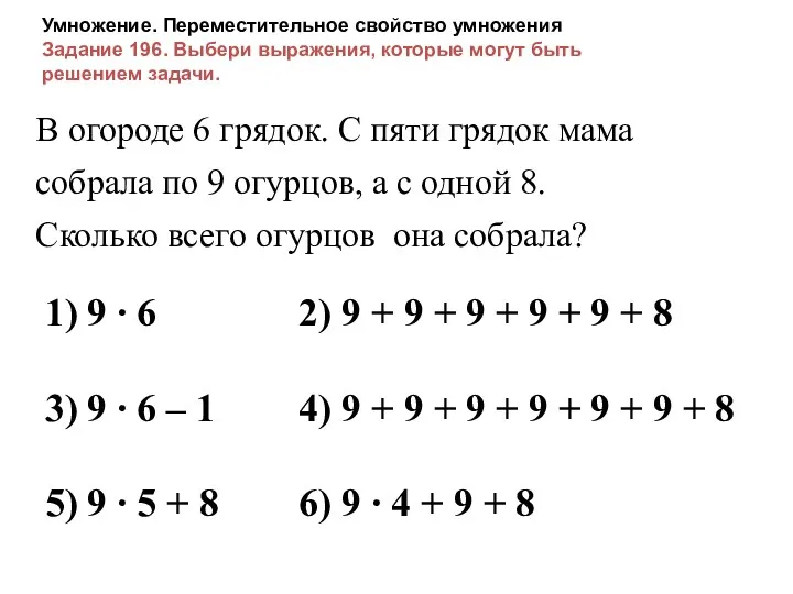 Умножение. Переместительное свойство умножения Задание 196. Выбери выражения, которые могут