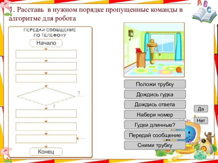 1. Расставь в нужном порядке пропущенные команды в алгоритме для