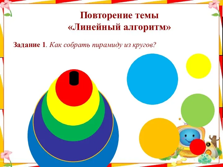 Повторение темы «Линейный алгоритм» Задание 1. Как собрать пирамиду из кругов?