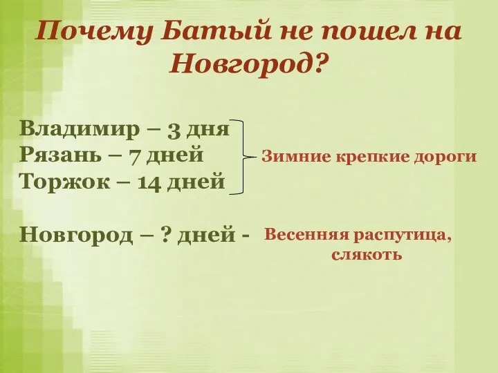 Владимир – 3 дня Рязань – 7 дней Торжок – 14 дней Новгород