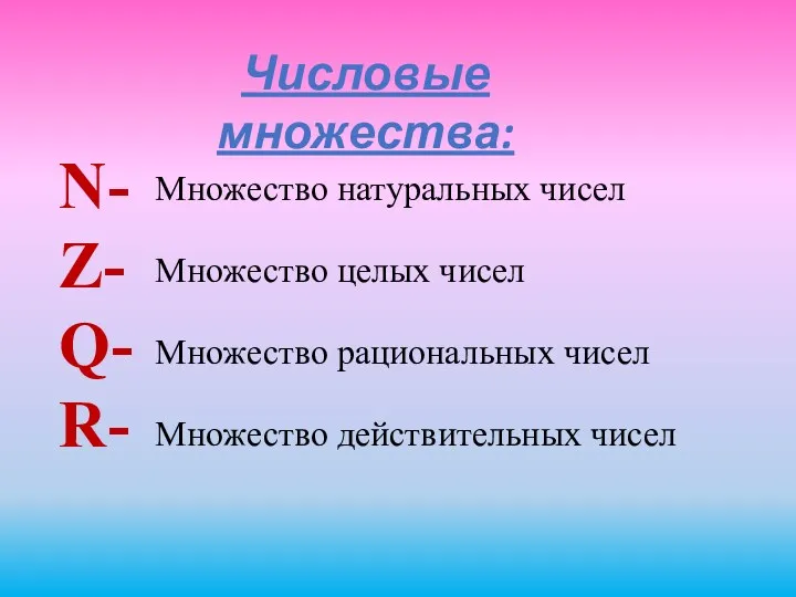 Числовые множества: N- Z- Q- R- Множество натуральных чисел Множество