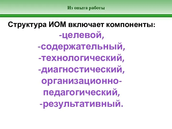 Из опыта работы Структура ИОМ включает компоненты: -целевой, -содержательный, -технологический, -диагностический, организационно-педагогический, -результативный.