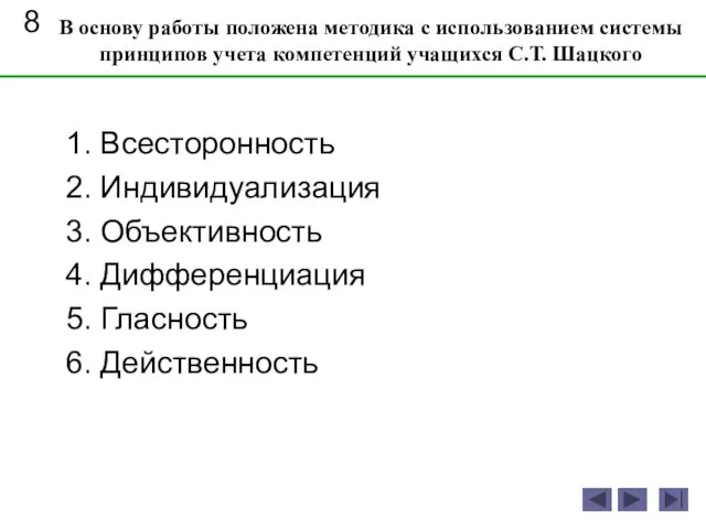 1. Всесторонность 2. Индивидуализация 3. Объективность 4. Дифференциация 5. Гласность