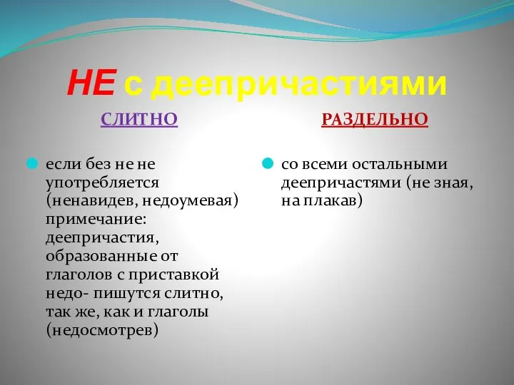 НЕ с деепричастиями СЛИТНО если без не не употребляется (ненавидев,