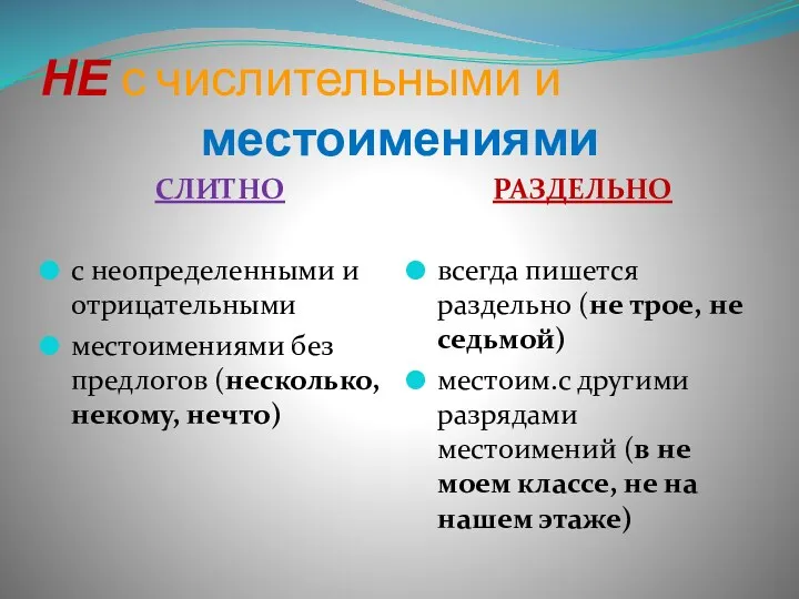 НЕ с числительными и местоимениями СЛИТНО с неопределенными и отрицательными