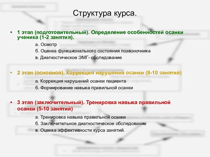 Структура курса. 1 этап (подготовительный). Определение особенностей осанки ученика (1-2