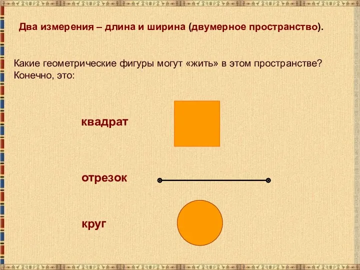 Какие геометрические фигуры могут «жить» в этом пространстве? Конечно, это: квадрат отрезок круг