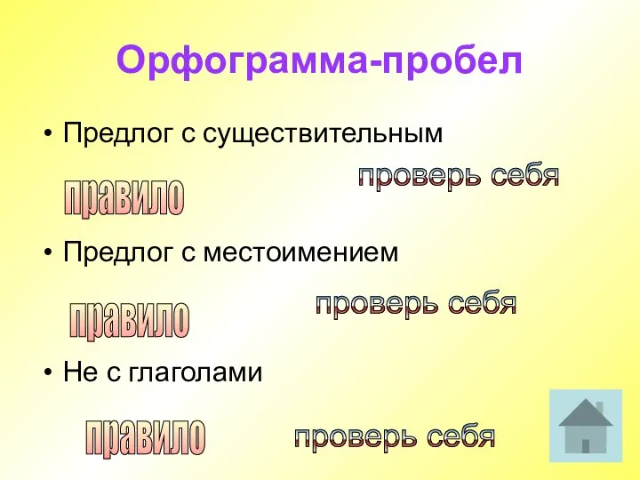 Орфограмма-пробел Предлог с существительным Предлог с местоимением Не с глаголами