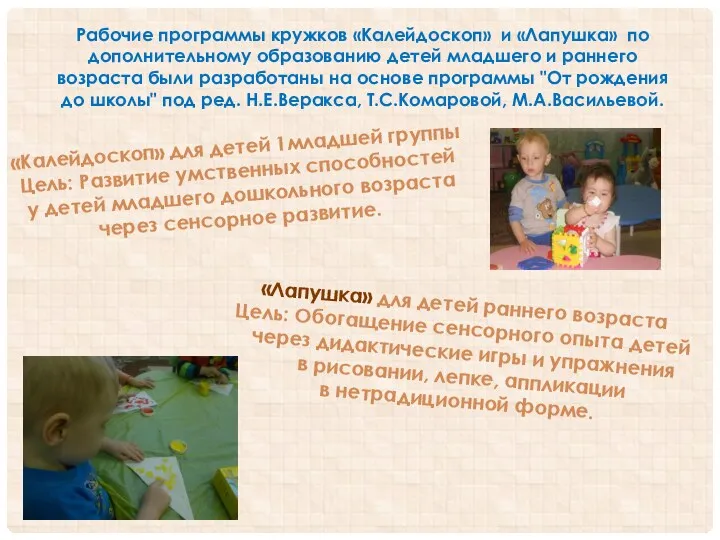 Рабочие программы кружков «Калейдоскоп» и «Лапушка» по дополнительному образованию детей младшего и раннего