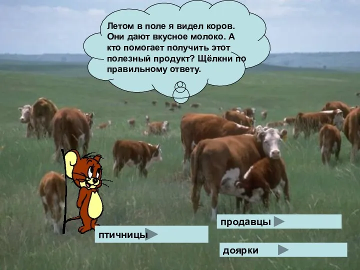Летом в поле я видел коров. Они дают вкусное молоко. А кто помогает