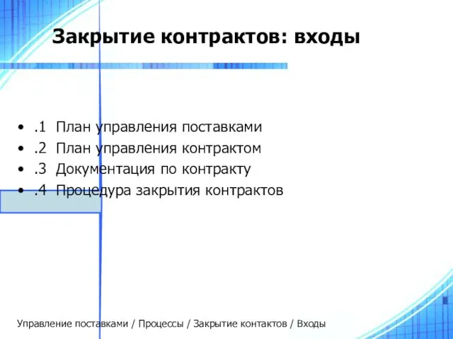 Закрытие контрактов: входы .1 План управления поставками .2 План управления