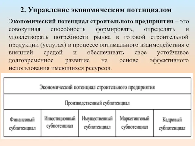 2. Управление экономическим потенциалом Экономический потенциал строительного предприятия – это