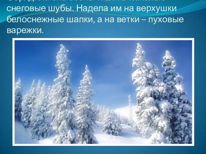 Обрядила она сосны и ели в тяжёлые снеговые шубы. Надела