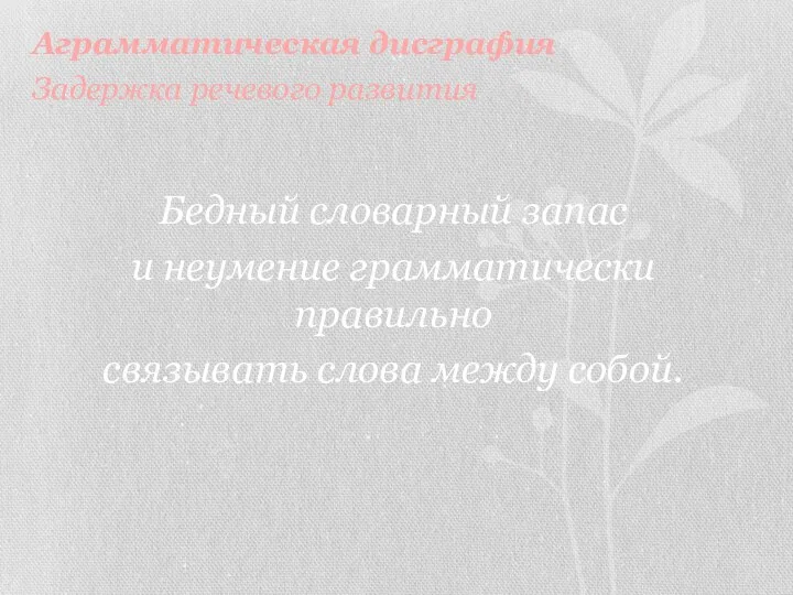 Аграмматическая дисграфия Задержка речевого развития Бедный словарный запас и неумение грамматически правильно связывать слова между собой.