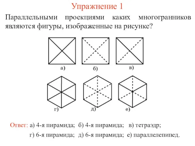 Упражнение 1 Параллельными проекциями каких многогранников являются фигуры, изображенные на рисунке? Ответ: а)