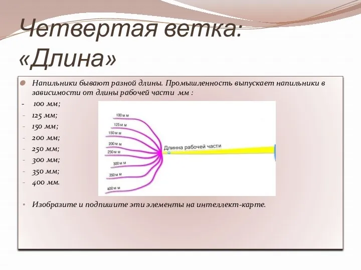 Четвертая ветка: «Длина» Напильники бывают разной длины. Промышленность выпускает напильники