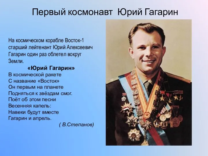 Первый космонавт Юрий Гагарин На космическом корабле Восток-1 старший лейтенант