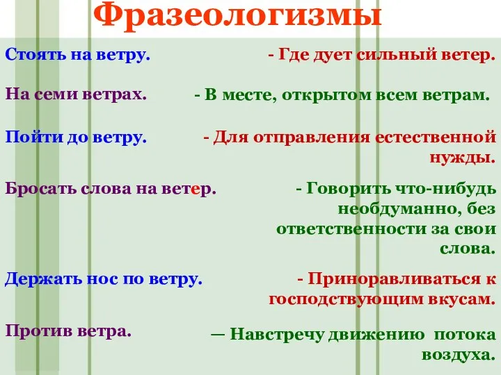 Фразеологизмы Стоять на ветру. - Где дует сильный ветер. Пойти до ветру. -