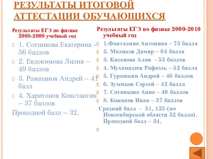 РЕЗУЛЬТАТЫ ИТОГОВОЙ АТТЕСТАЦИИ ОБУЧАЮЩИХСЯ Результаты ЕГЭ по физике 2008-2009 учебный