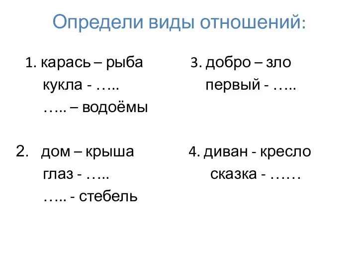 Определи виды отношений: 1. карась – рыба 3. добро –