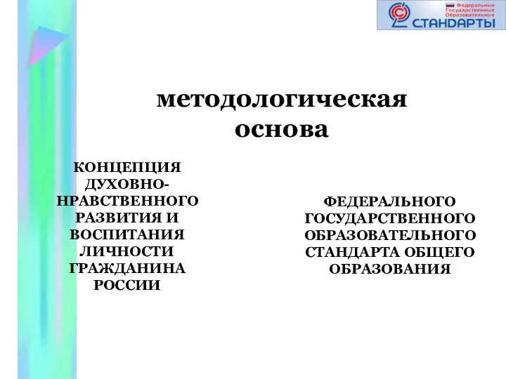 КОНЦЕПЦИЯ ДУХОВНО-НРАВСТВЕННОГО РАЗВИТИЯ И ВОСПИТАНИЯ ЛИЧНОСТИ ГРАЖДАНИНА РОССИИ методологическая основа ФЕДЕРАЛЬНОГО ГОСУДАРСТВЕННОГО ОБРАЗОВАТЕЛЬНОГО СТАНДАРТА ОБЩЕГО ОБРАЗОВАНИЯ