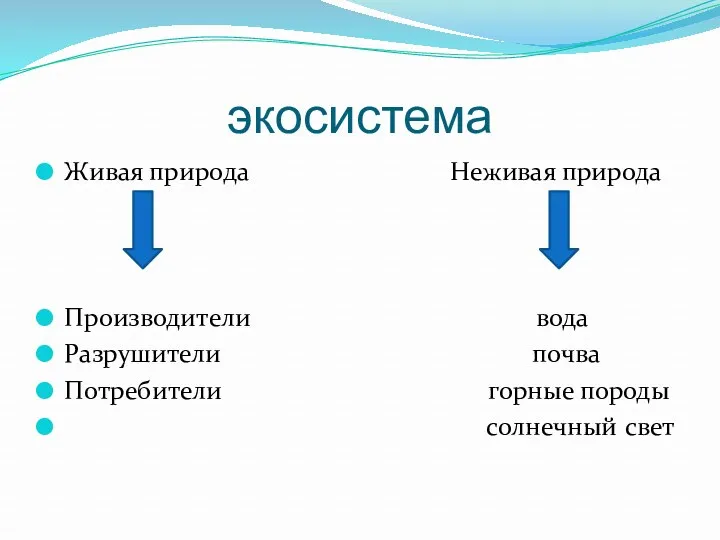 экосистема Живая природа Неживая природа Производители вода Разрушители почва Потребители горные породы солнечный свет