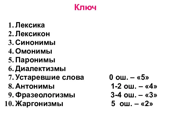 Ключ Лексика Лексикон Синонимы Омонимы Паронимы Диалектизмы Устаревшие слова 0