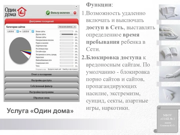 Функции: Возможность удаленно включать и выключать доступ в Сеть, выставлять