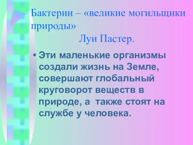 Бактерии – «великие могильщики природы» Луи Пастер. Эти маленькие организмы